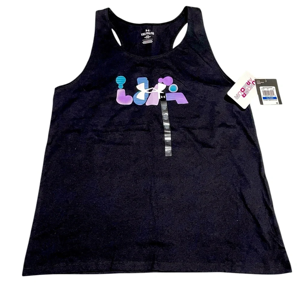 Under Armour Youth XL Black Racerback Tank Top with Bubble‎ Letters